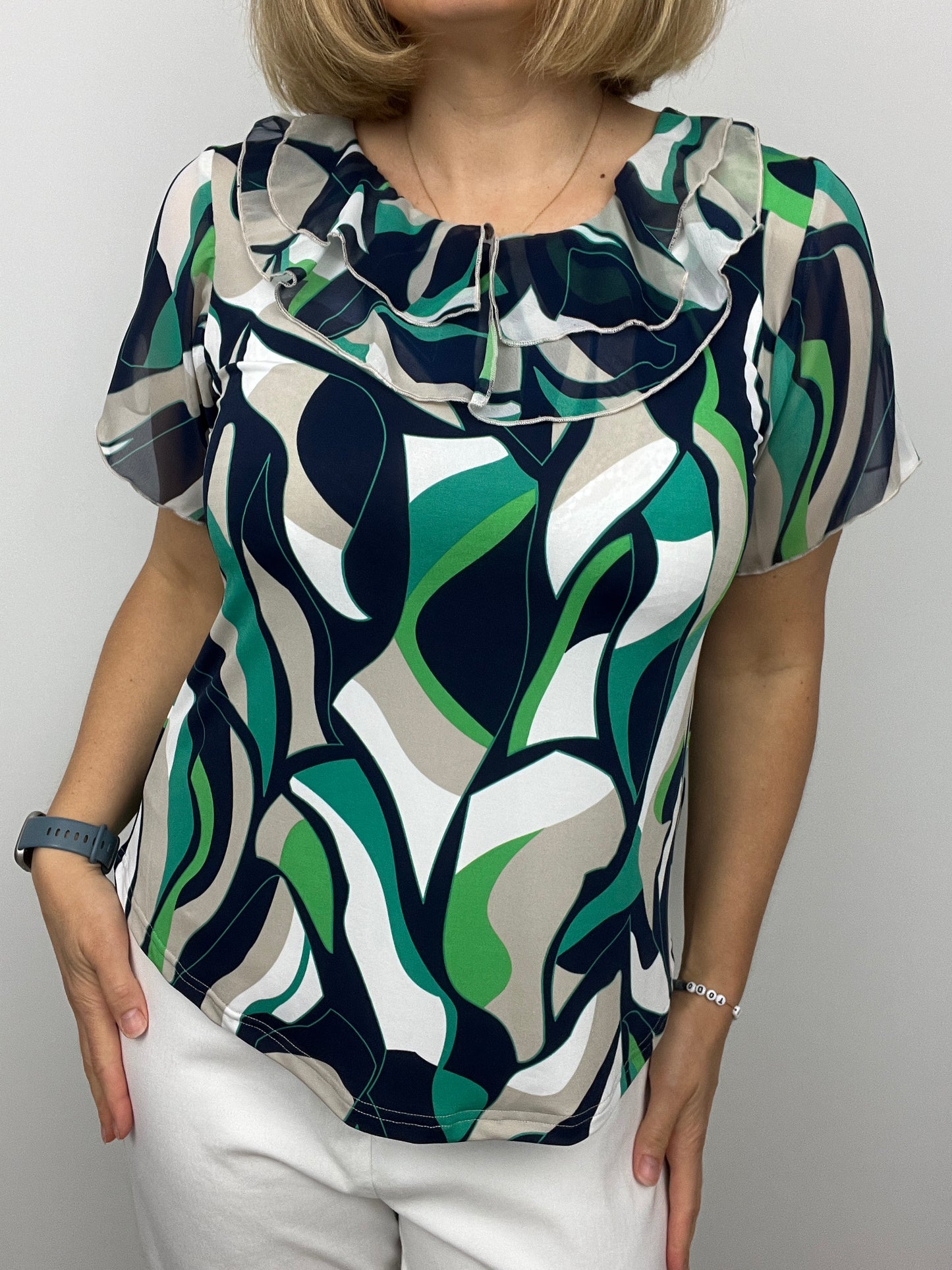COURTNEY Double ruffle round neck top with short sleeve