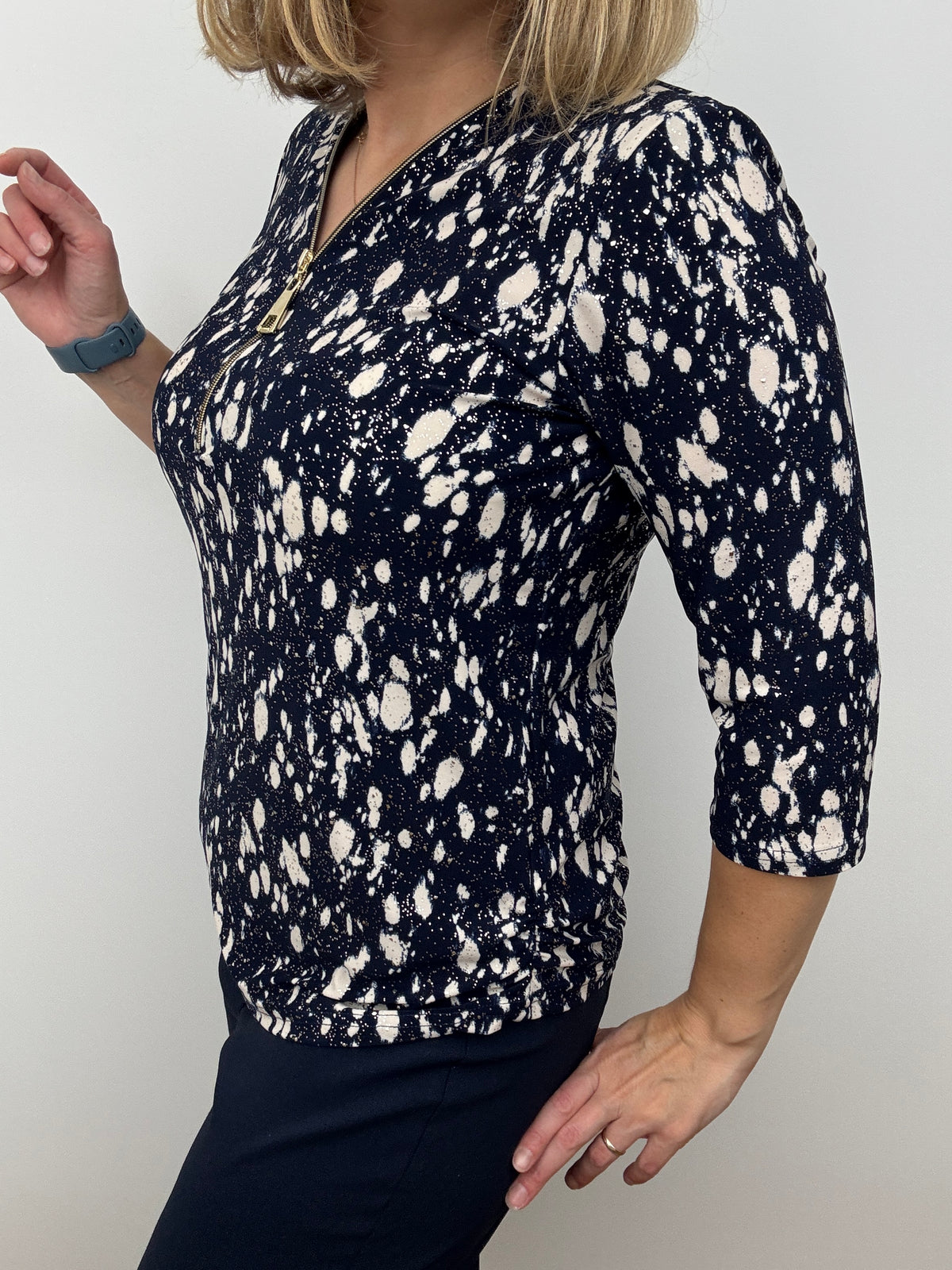 ALEXANDRA navy 3/4 sleeve zip top