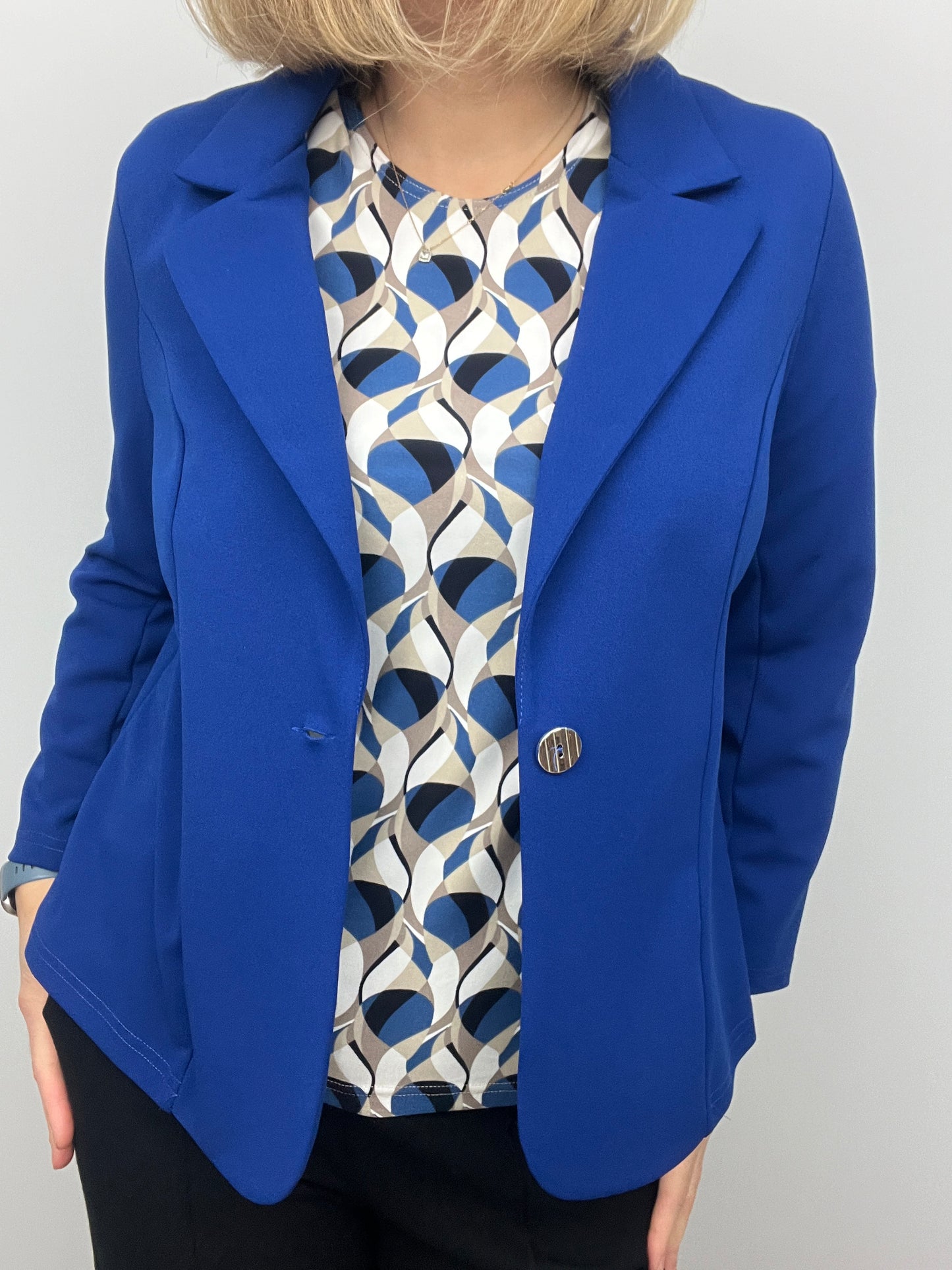 Royal blue fabric jacket with lapel collar