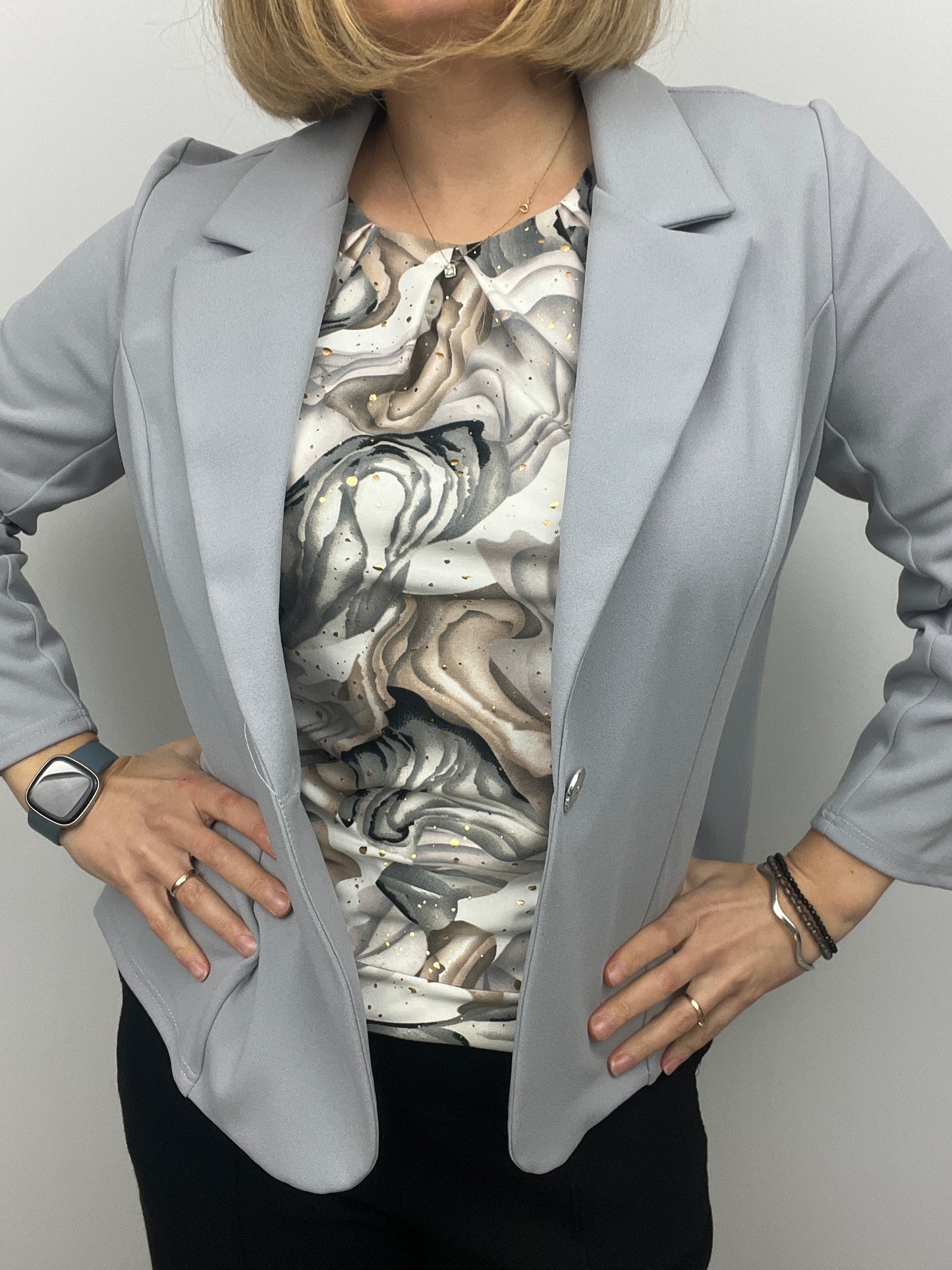 Silver grey fabric jacket with lapel collar