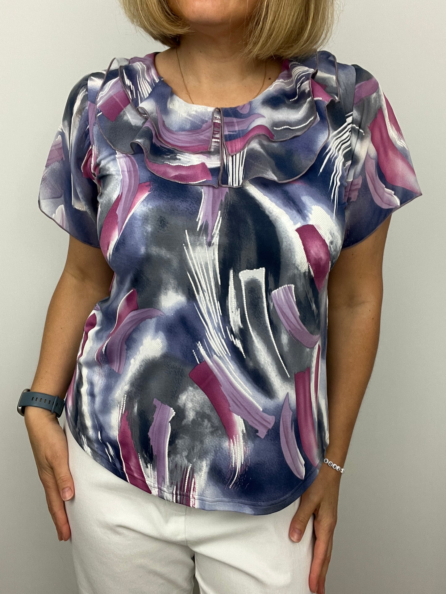 PAULINE Double ruffle round neck top with short sleeve