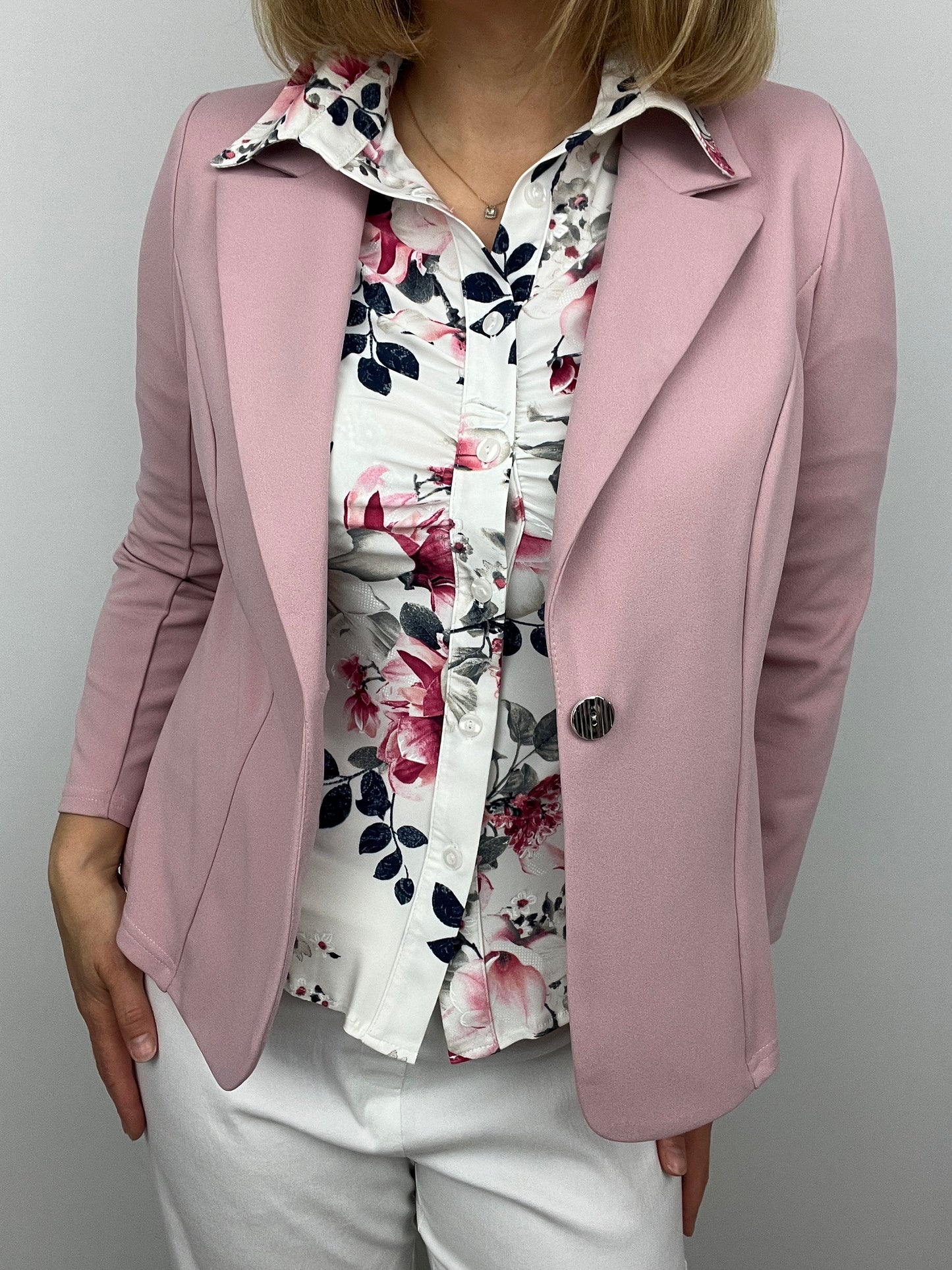 Soft pink fabric jacket with lapel collar