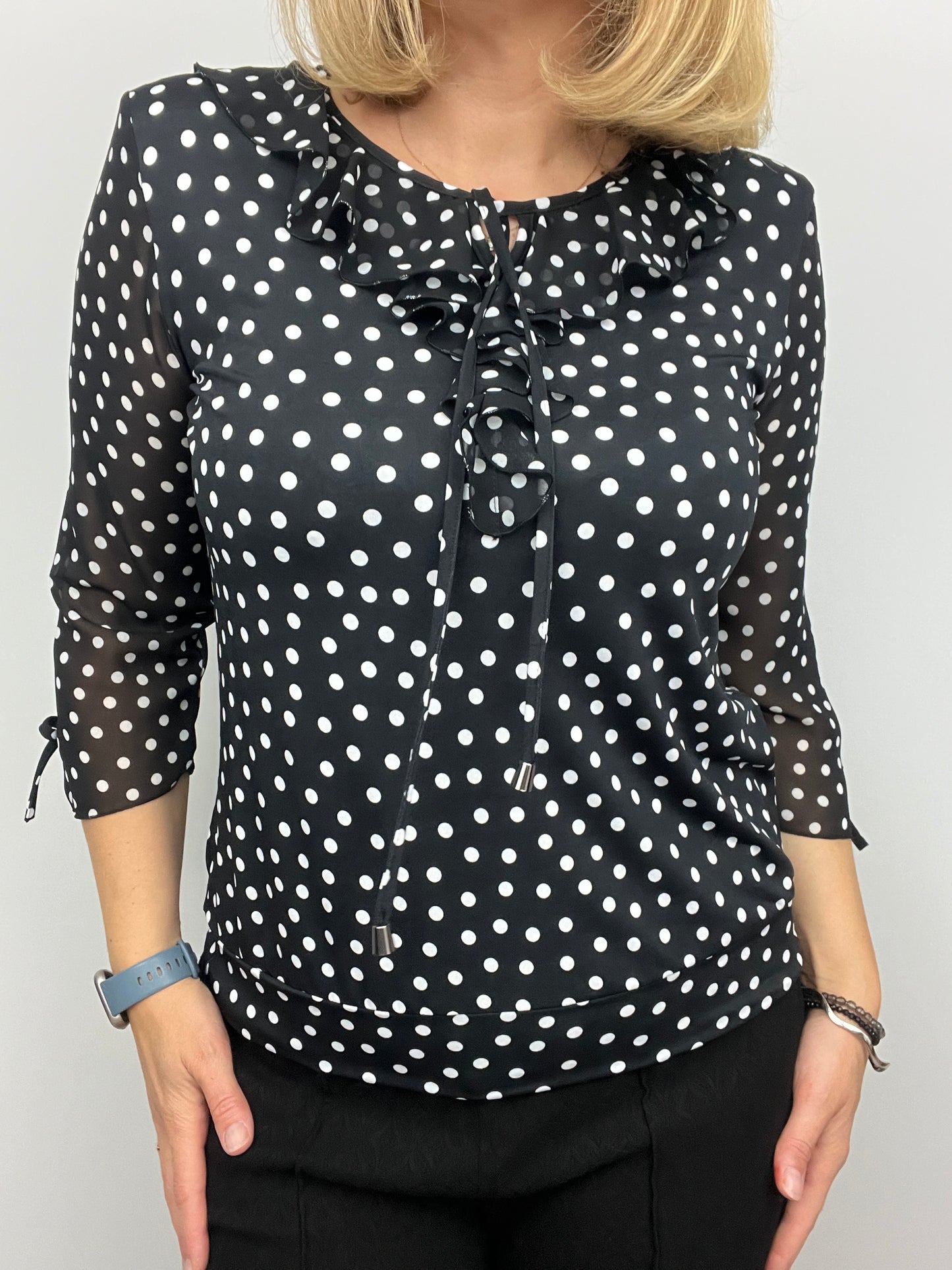 SHAUNA ruffle top polka dot black/white