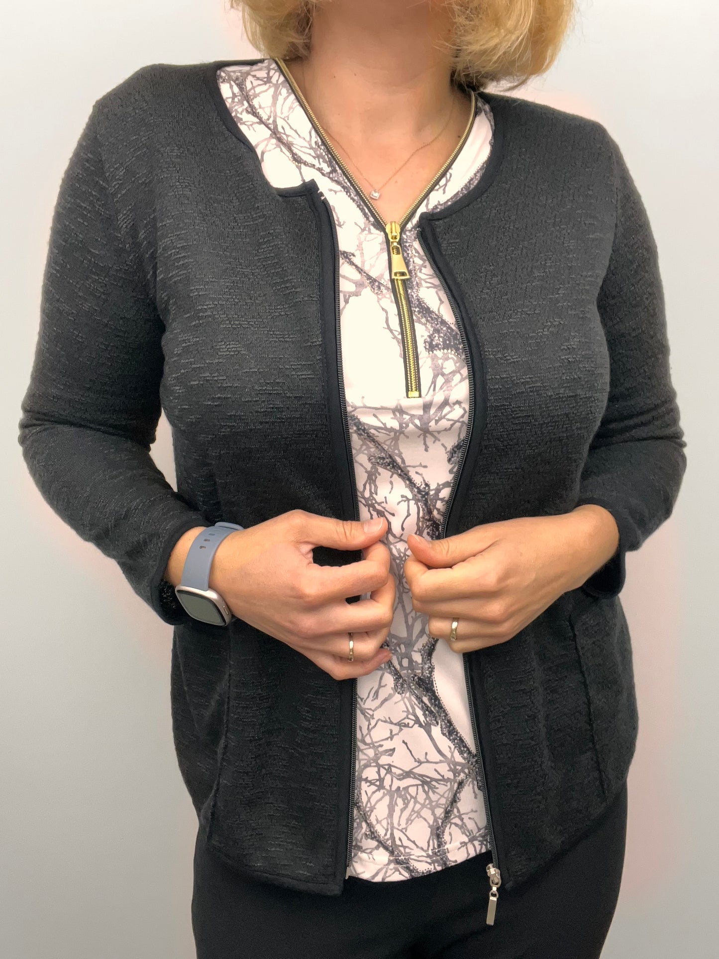 Black fine knit cardigan with zipper and pockets