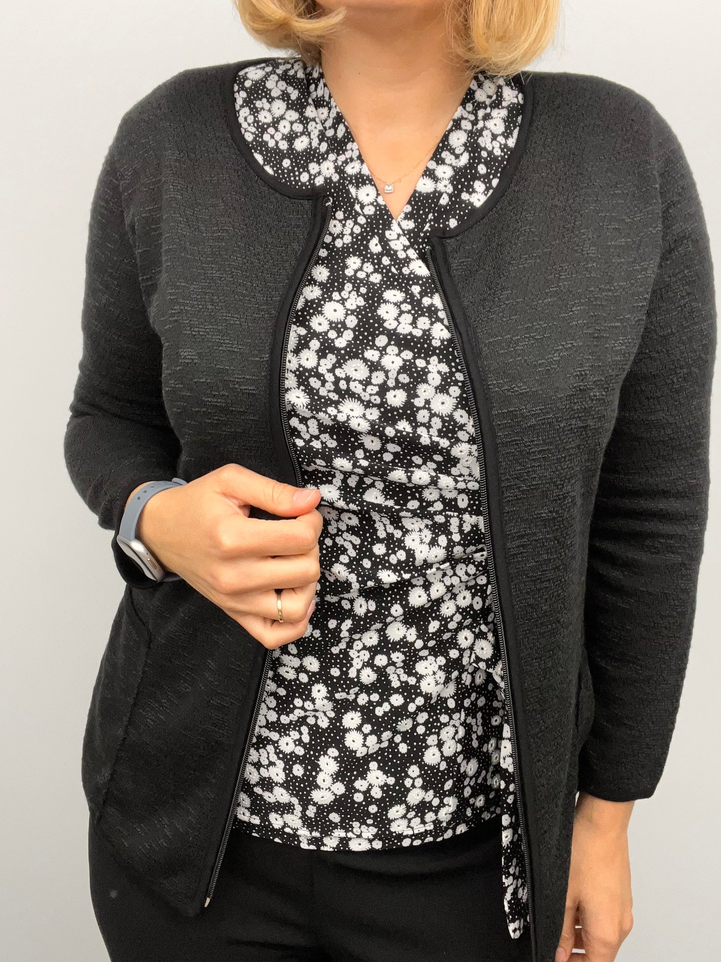 Black fine knit cardigan with zipper and pockets