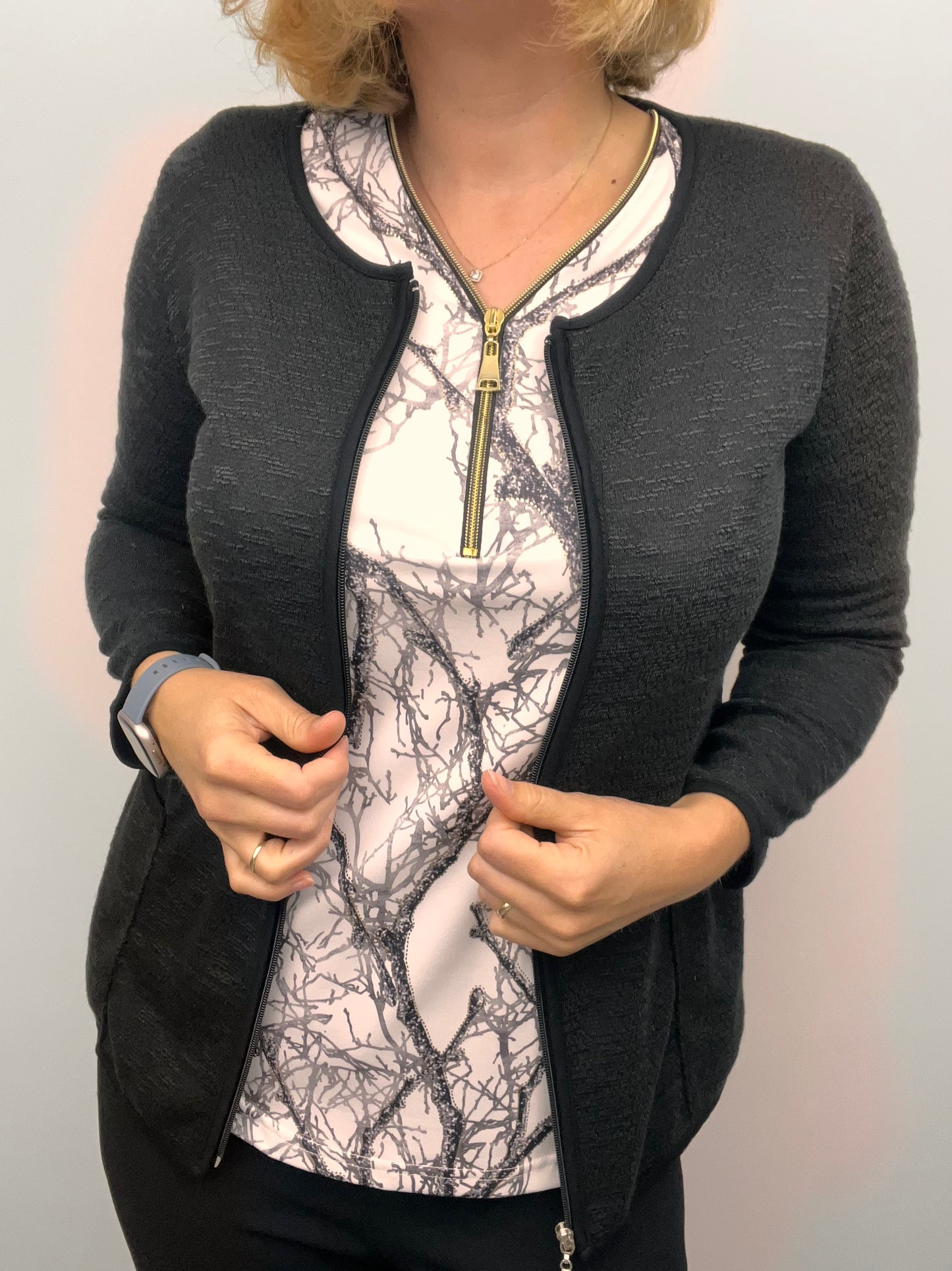 Black fine knit cardigan with zipper and pockets