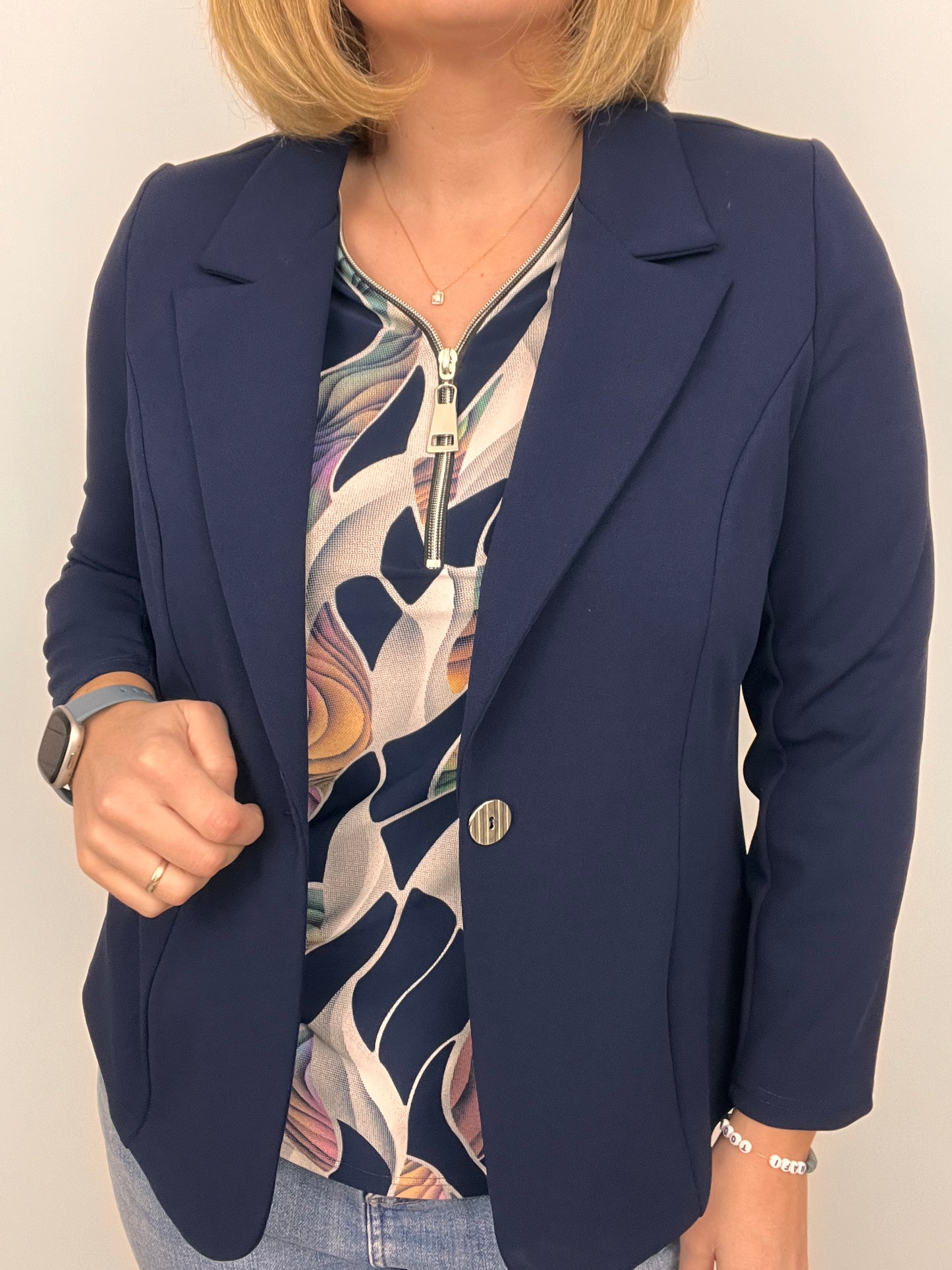 Navy fabric jacket with lapel collar