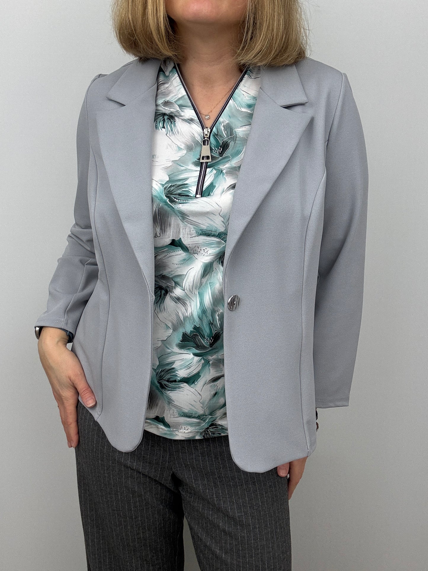 Silver grey fabric jacket with lapel collar