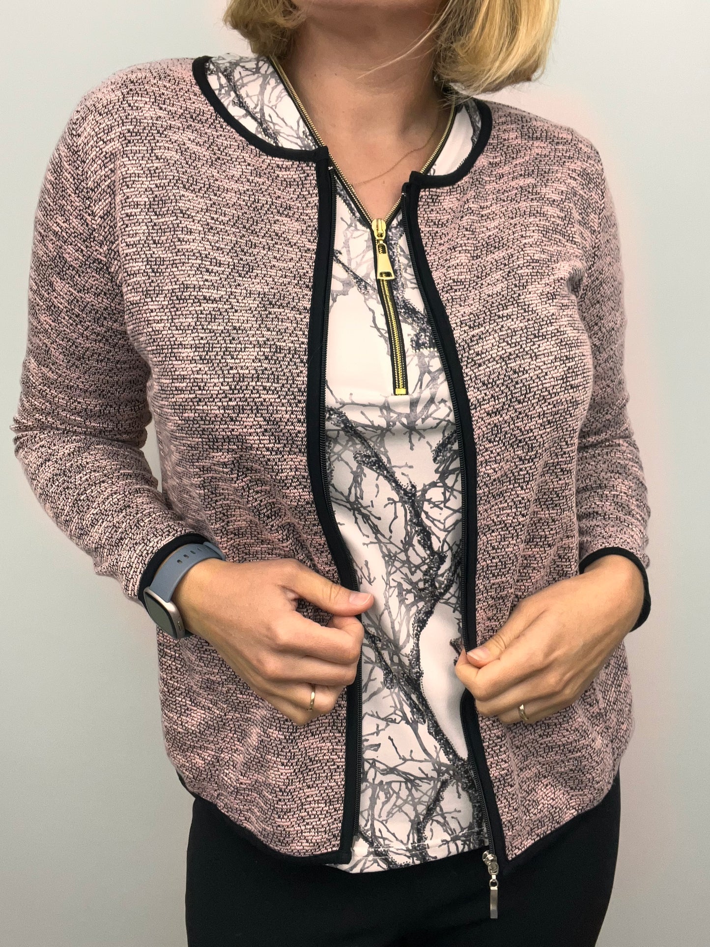 Pink melange fine knit cardigan with zipper and pockets