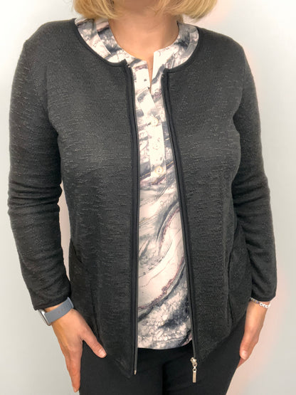 Black fine knit cardigan with zipper and pockets