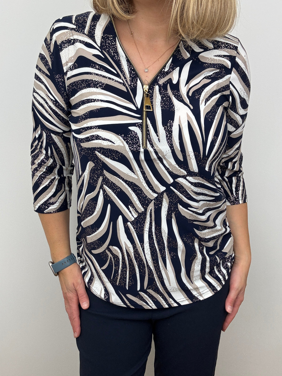 ERIN navy 3/4 sleeve zip top