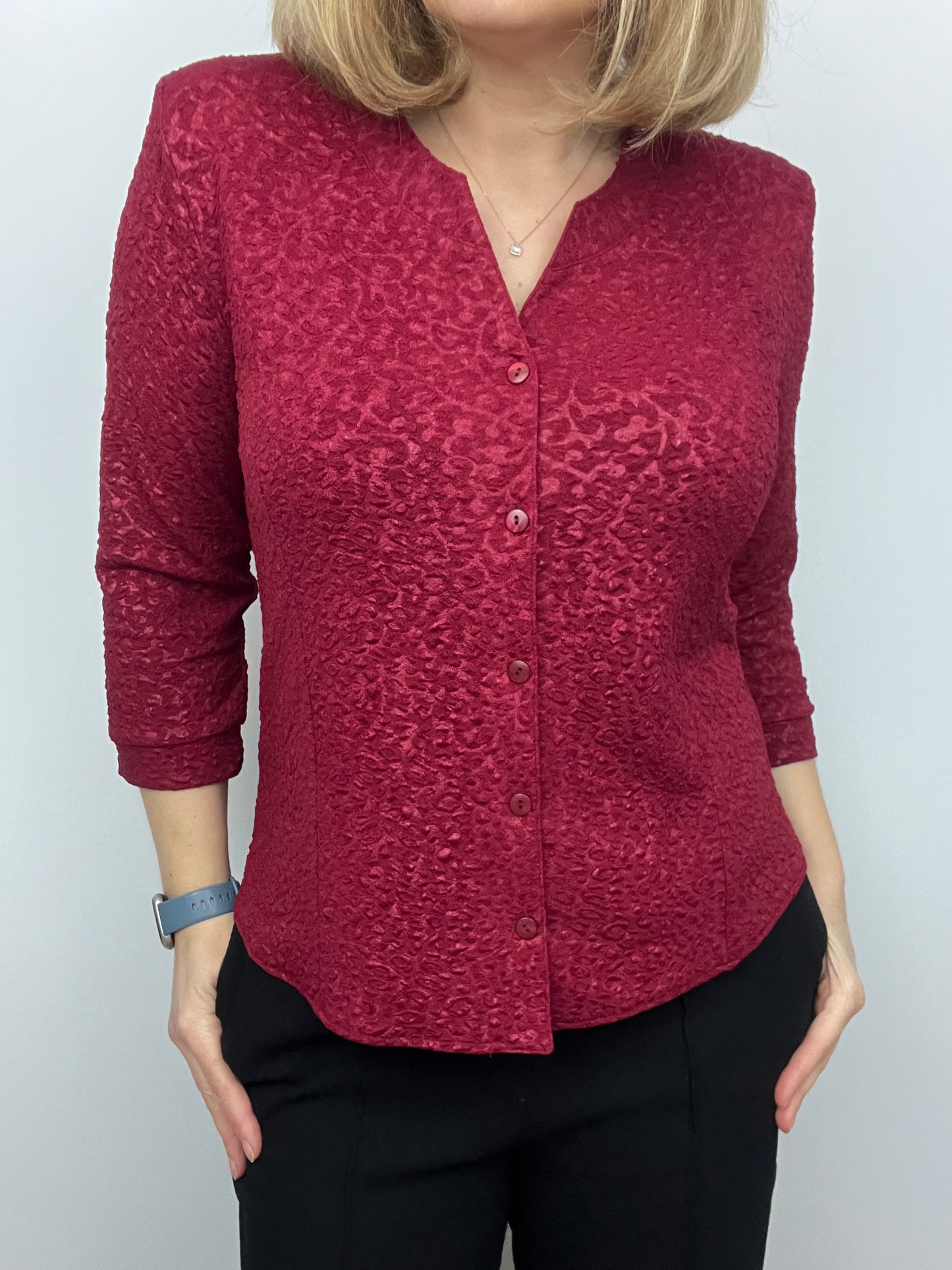 CRYSTAL burgundy tetured button down collarless blouse