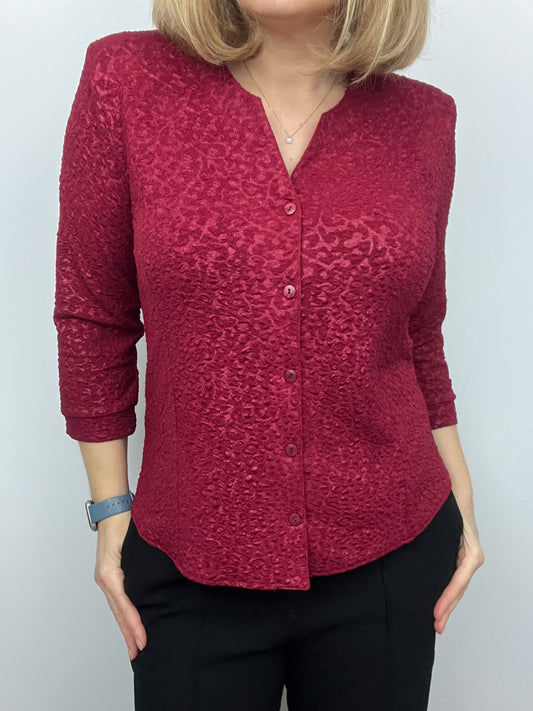 CRYSTAL burgundy tetured button down collarless blouse