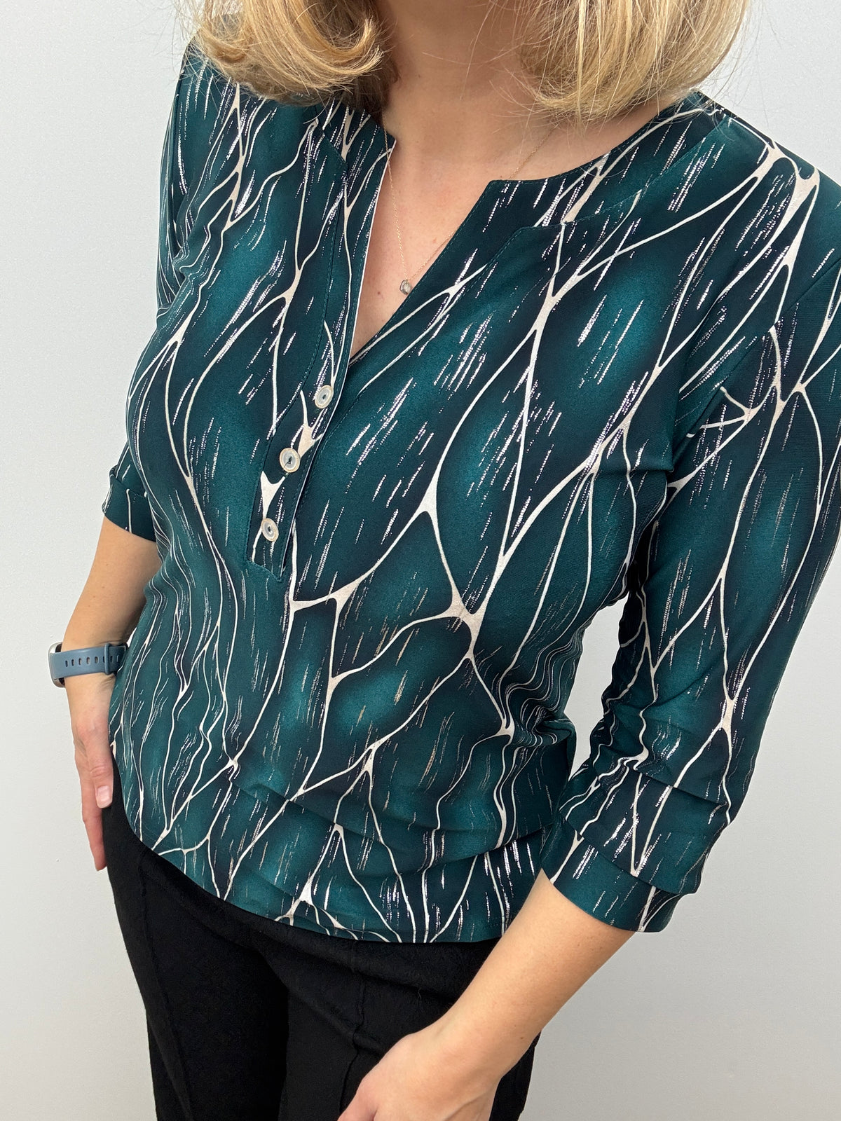 EMERALD green V-neck top with 3 buttons