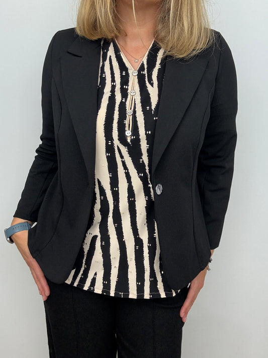 Black fabric jacket with lapel collar
