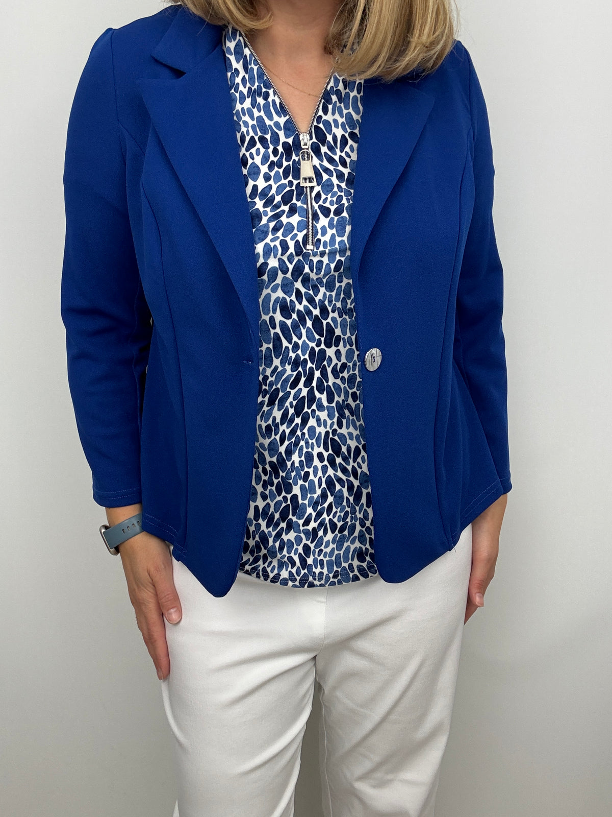 Royal blue fabric jacket with lapel collar