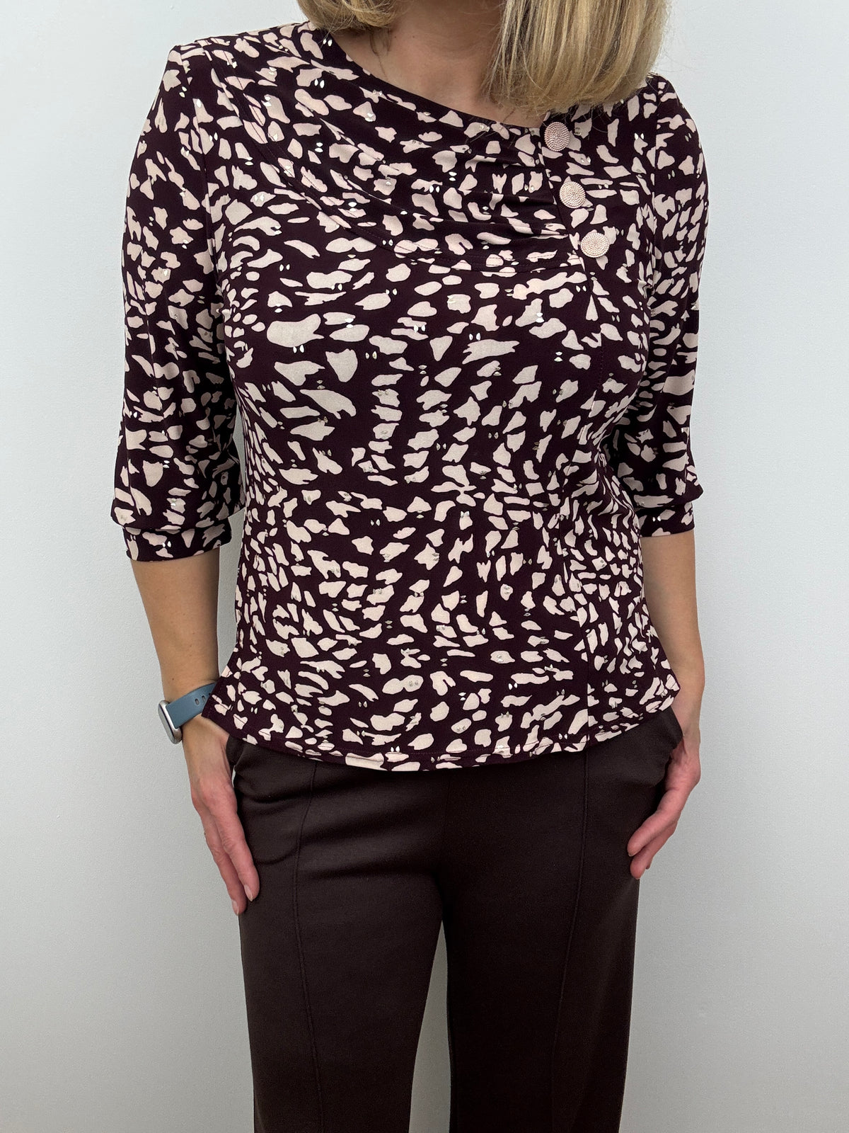 FRAN burgundy top with pleated neckline