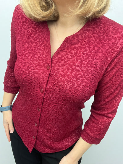 CRYSTAL burgundy tetured button down collarless blouse