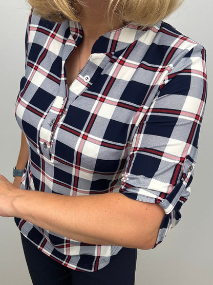 SYLVIA check stand-up collar top