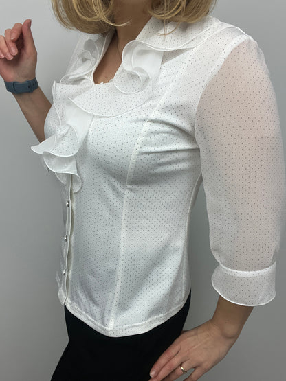 CHER white blouse with ruffle front and half collar