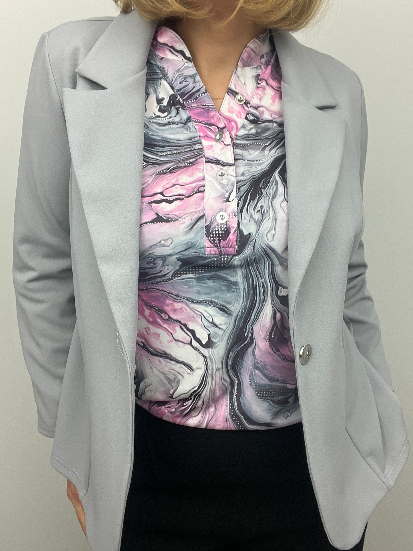 Silver grey fabric jacket with lapel collar