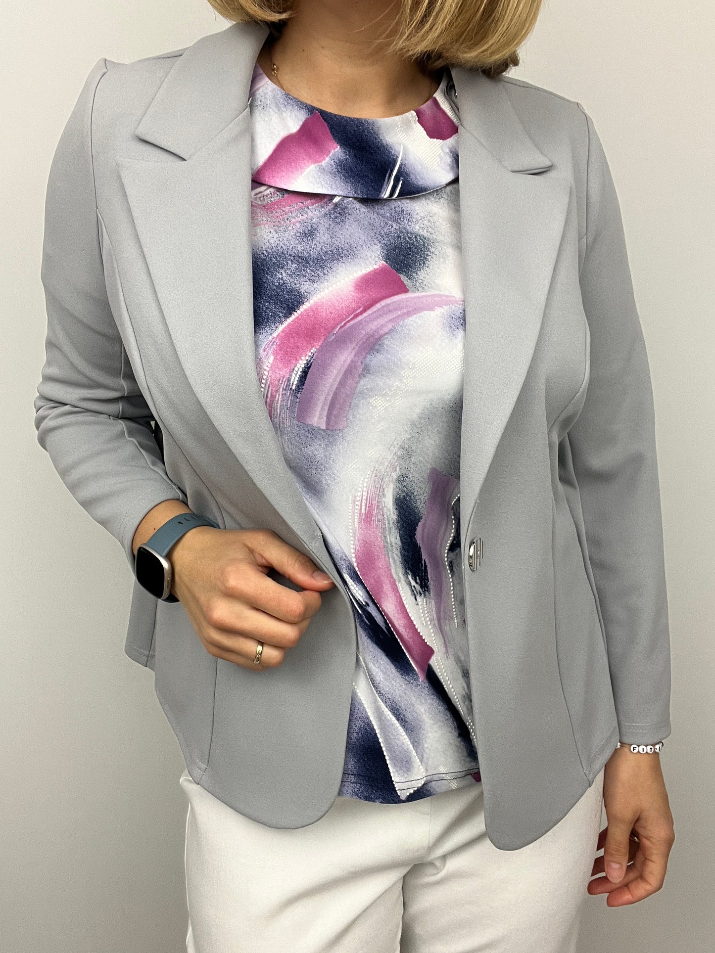 Silver grey fabric jacket with lapel collar