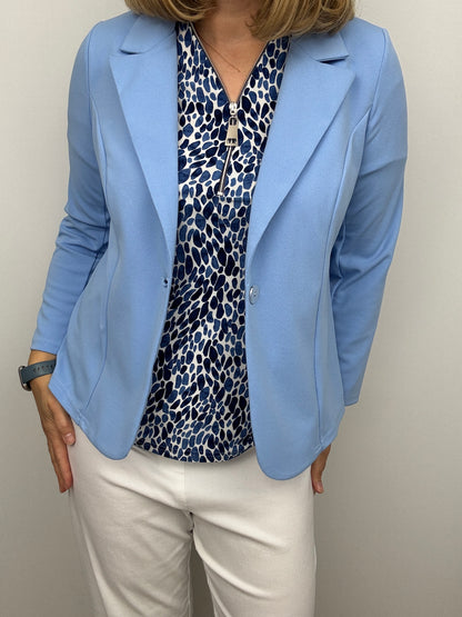 Soft blue fabric jacket with lapel collar