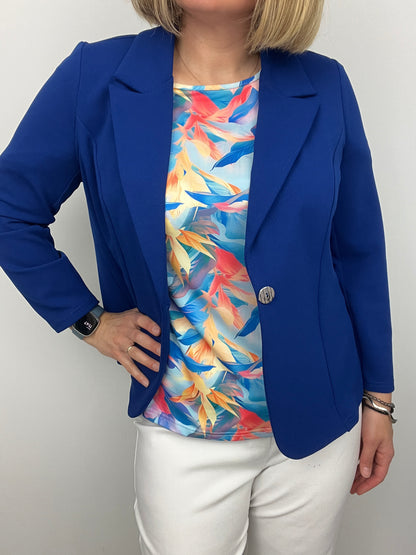 Royal blue fabric jacket with lapel collar