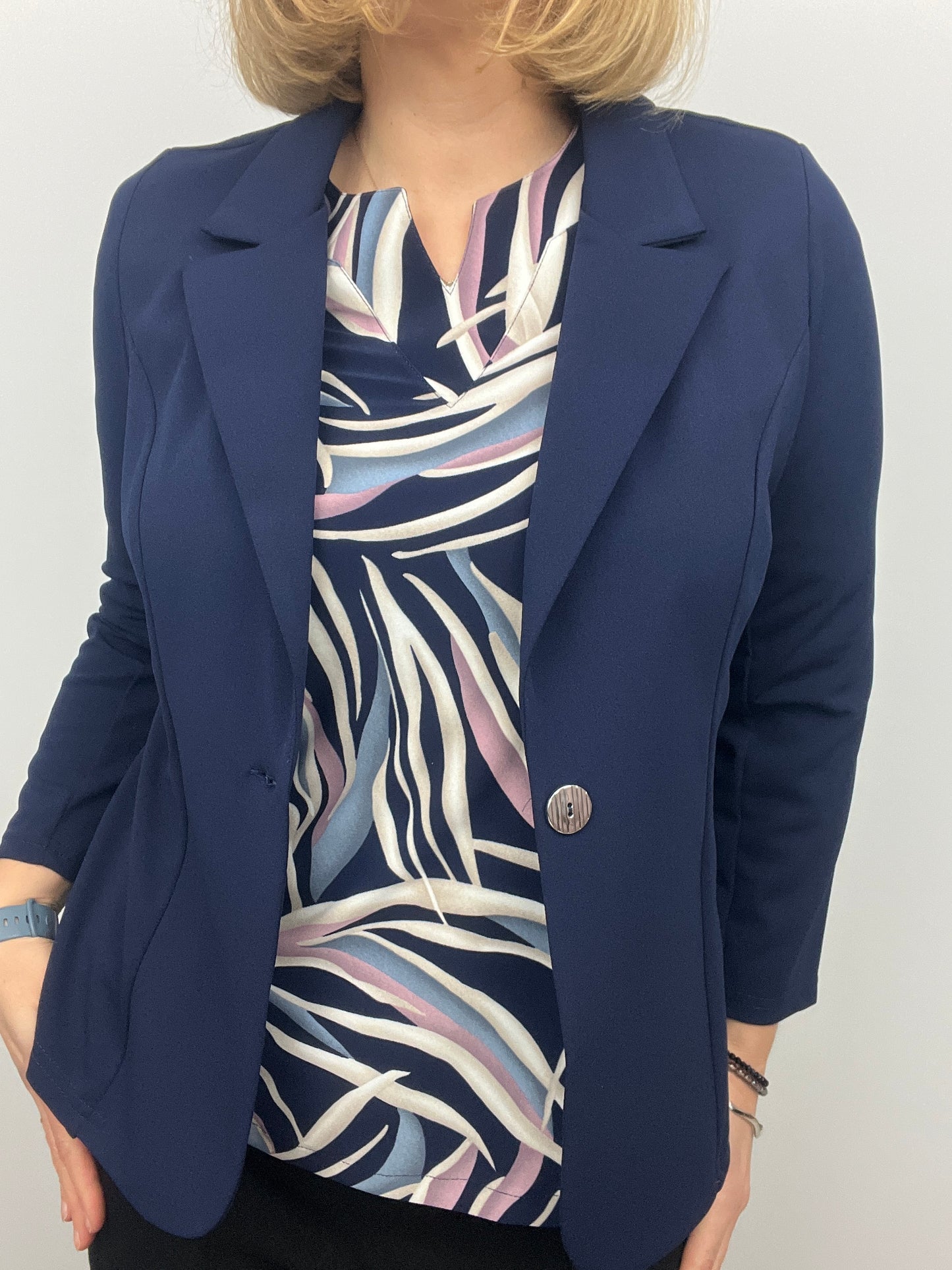 Navy fabric jacket with lapel collar