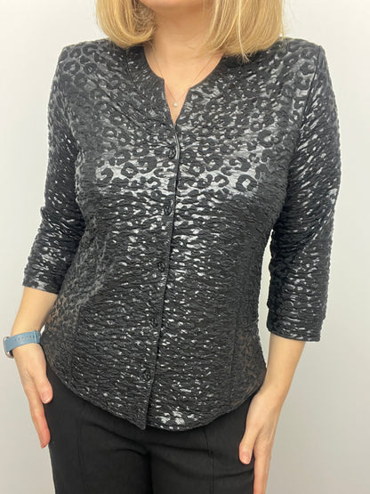 KATHLEEN black textured button down collarless blouse