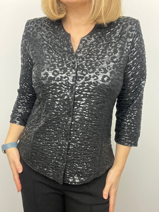 KATHLEEN black textured button down collarless blouse