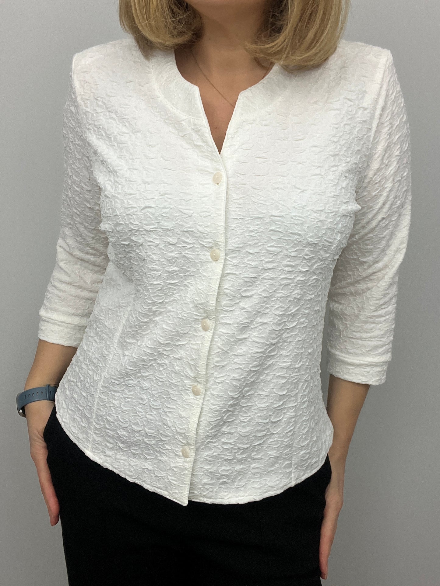 EVE white textured button down collarless blouse