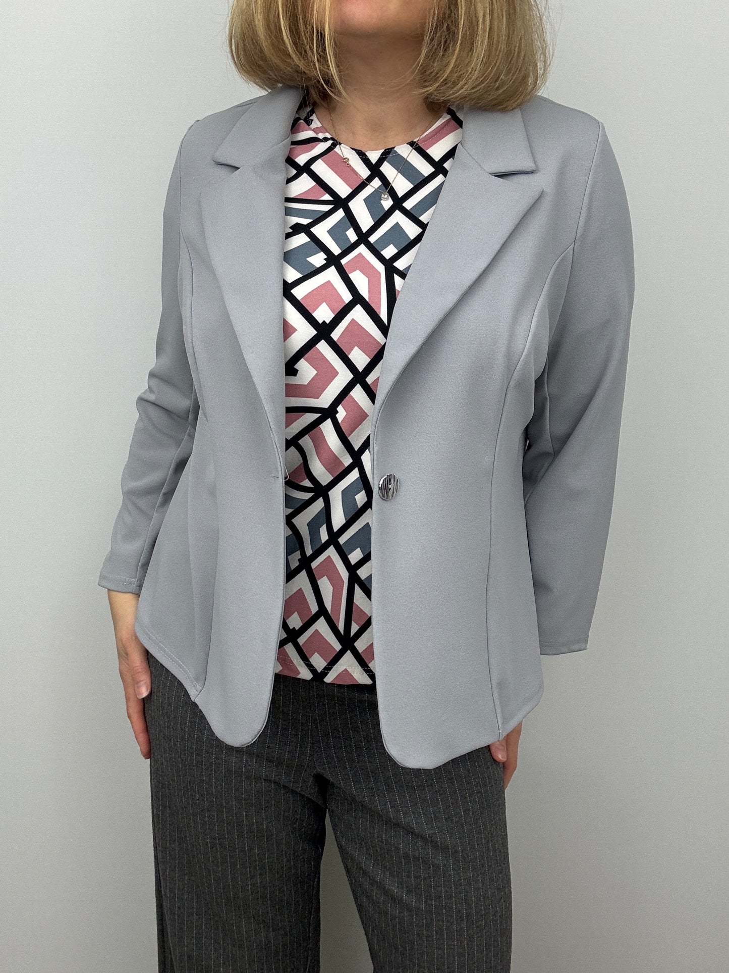 Silver grey fabric jacket with lapel collar