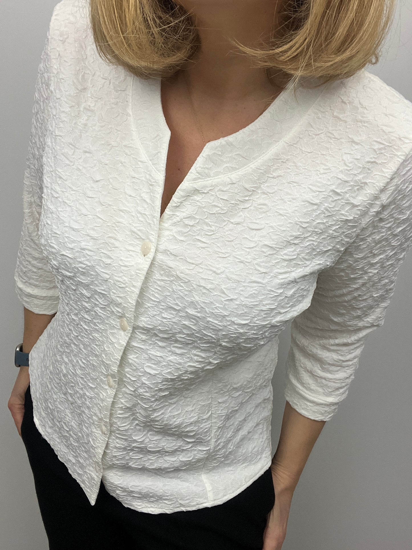 EVE white textured button down collarless blouse