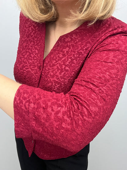 CRYSTAL burgundy tetured button down collarless blouse