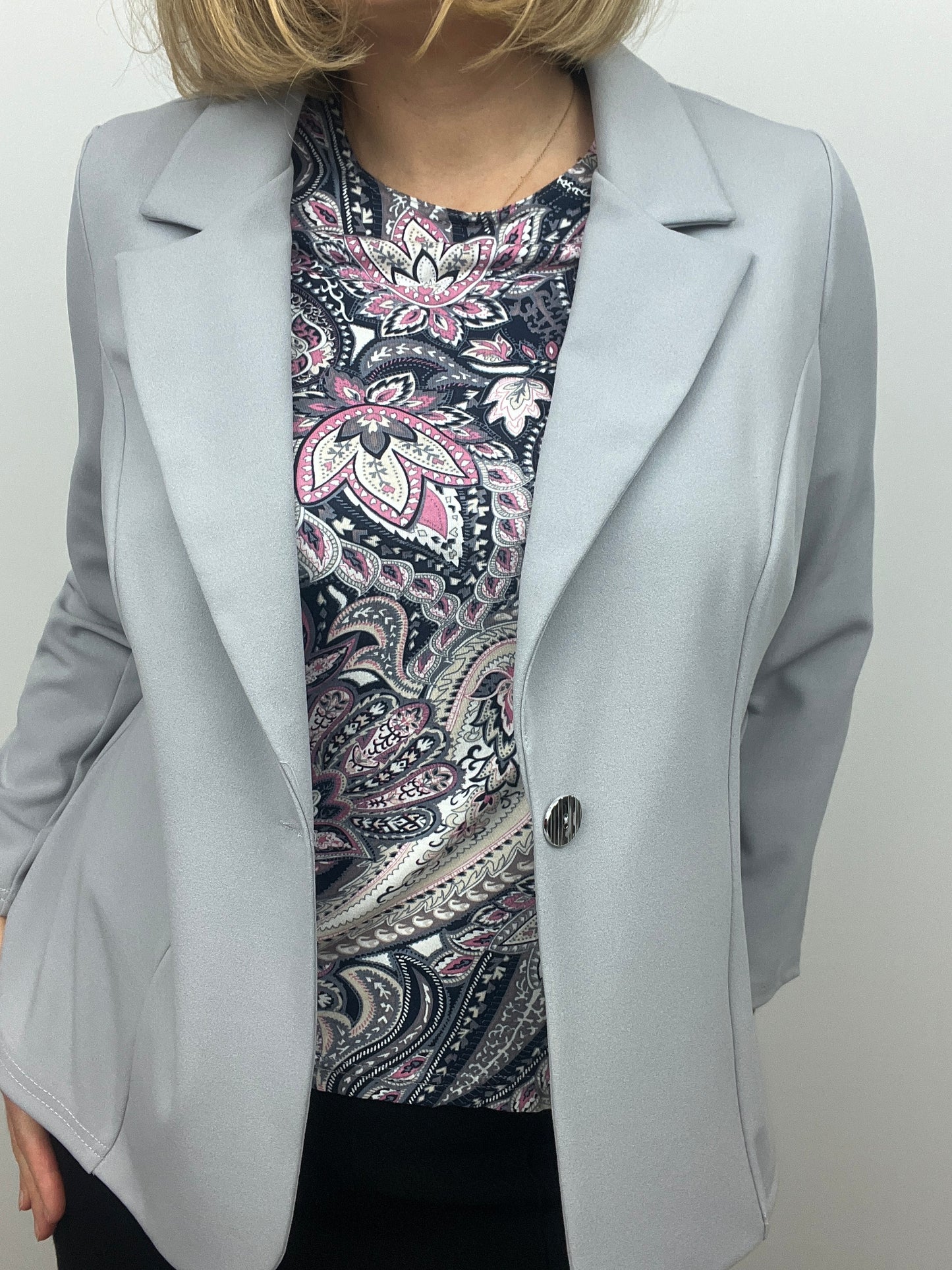 Silver grey fabric jacket with lapel collar