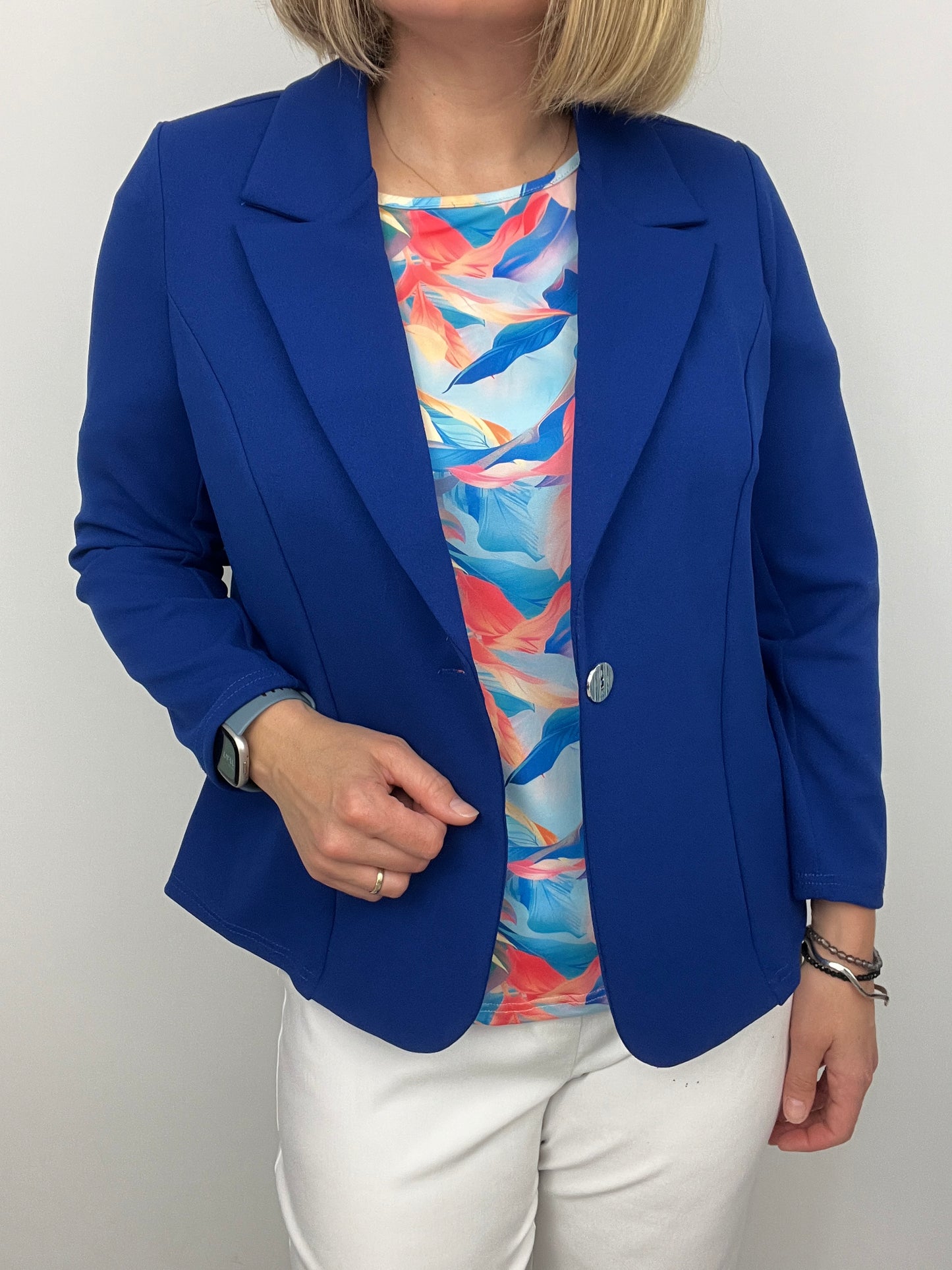 Royal blue fabric jacket with lapel collar