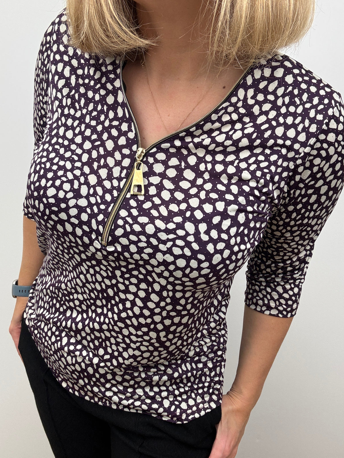 PATRICIA plum 3/4 sleeve zip top