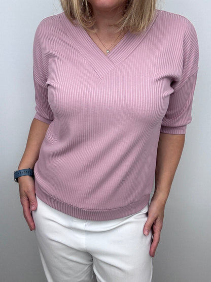VERONIQUE soft ribbed V-neck top - powder pink