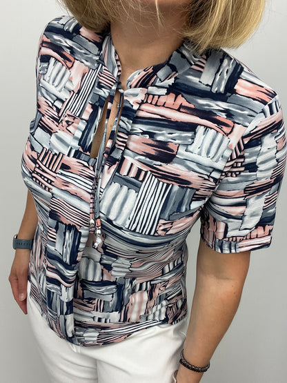 IRIS short sleeve top with stand up collar