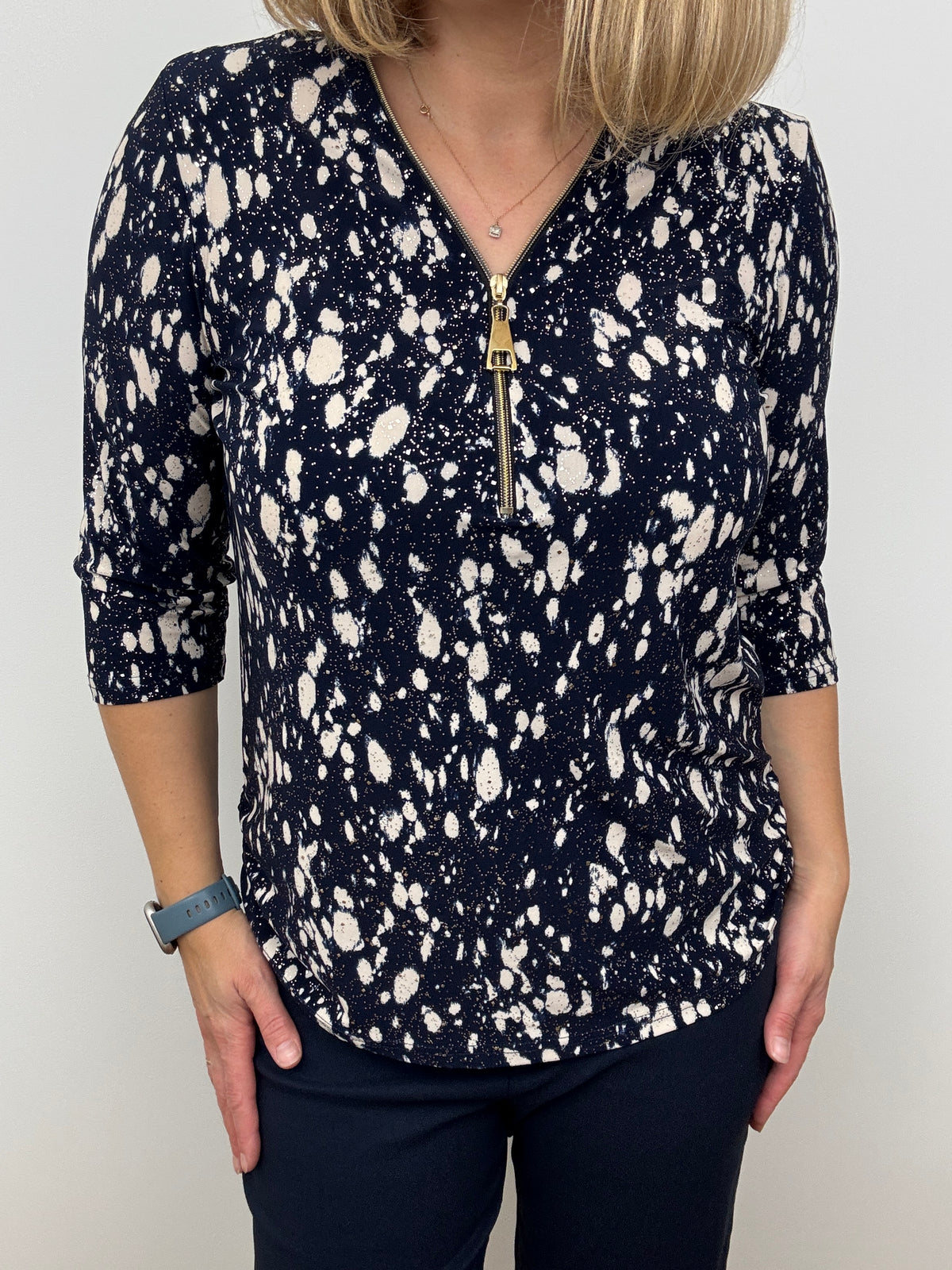 ALEXANDRA navy 3/4 sleeve zip top