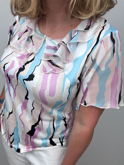 DOLORES Double ruffle round neck top with short sleeve