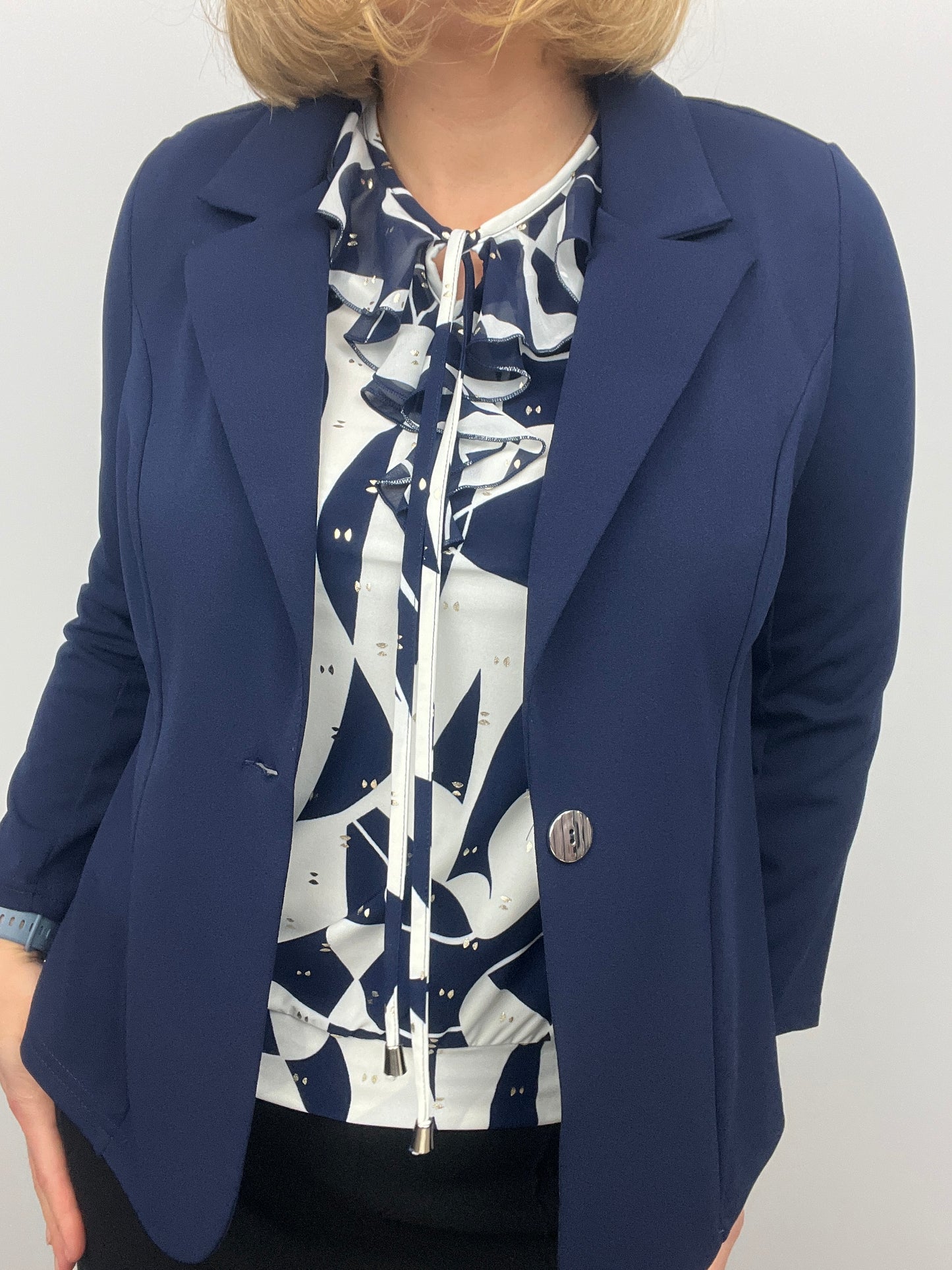 Navy fabric jacket with lapel collar