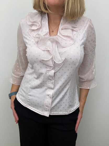 SARAH blush pink blouse with ruffle front and stand up collar