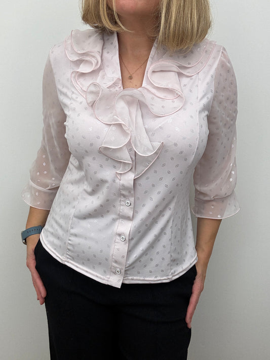 SARAH blush pink blouse with ruffle front and stand up collar