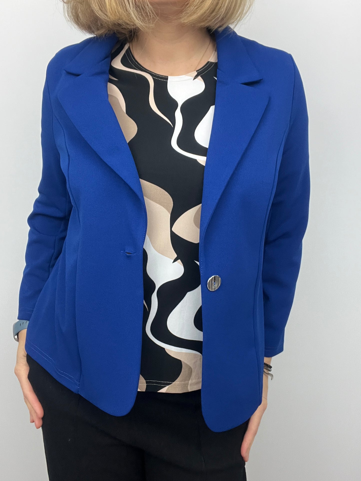 Royal blue fabric jacket with lapel collar