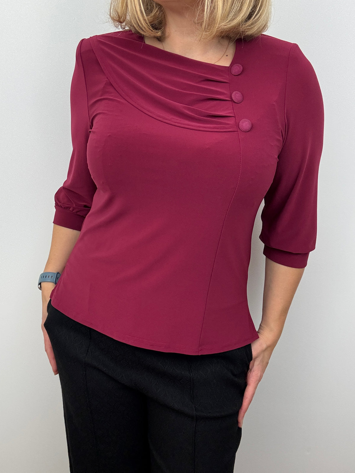 POLLY burgundy top with pleated neckline