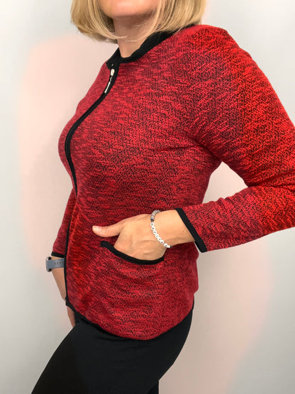 Red melange fine knit cardigan with zipper and pockets