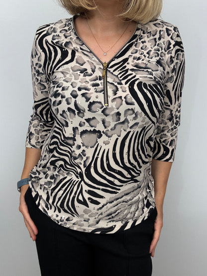 MAJELLA animal print 3/4 sleeve zip top