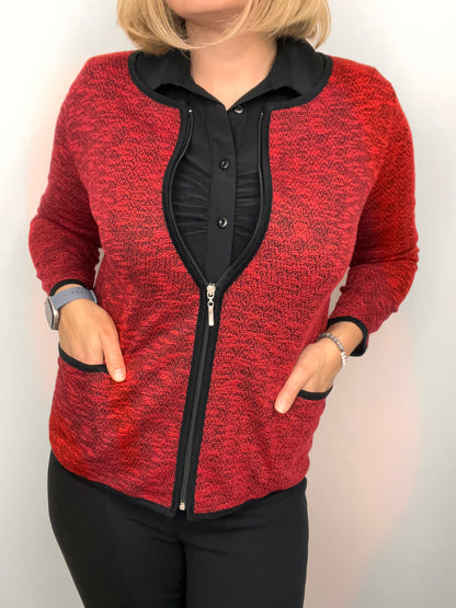 Red melange fine knit cardigan with zipper and pockets